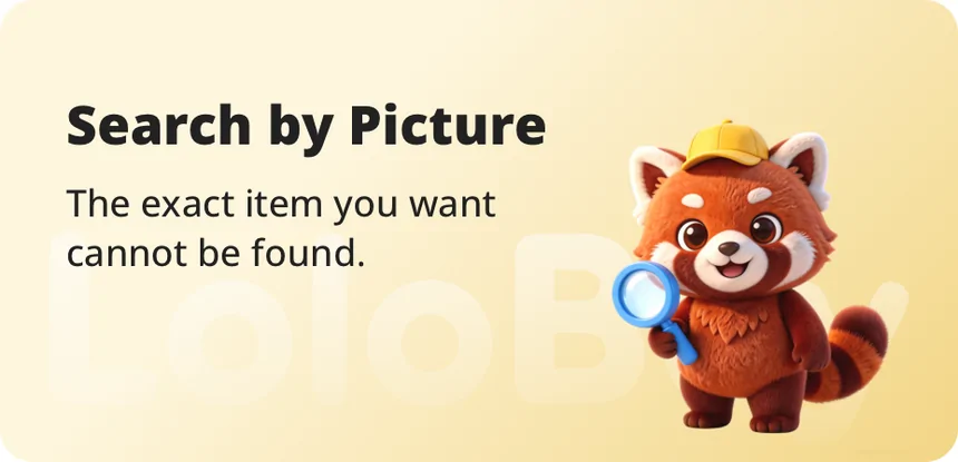 Official Lolobuy card reading "Search by Picture: the exact item you want cannot be found", with the red panda mascot holding a magnifying glass