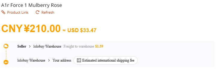 Lolobuy product page price block: CNY 210 with an estimate of USD 33.47, seller and freight to warehouse of USD 1.59