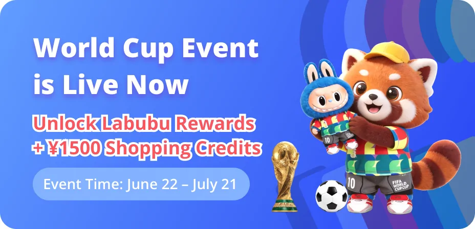 Lolobuy World Cup event banner with the red panda in a football scarf, event dates June 22 to July 21