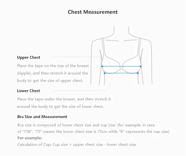 Lolobuy diagram showing where to measure the upper chest and lower chest, with notes on bra size