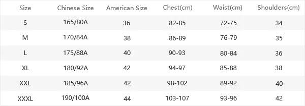 Lolobuy reference chart for men's tops listing size, Chinese size, American size, chest, waist and shoulder in centimetres