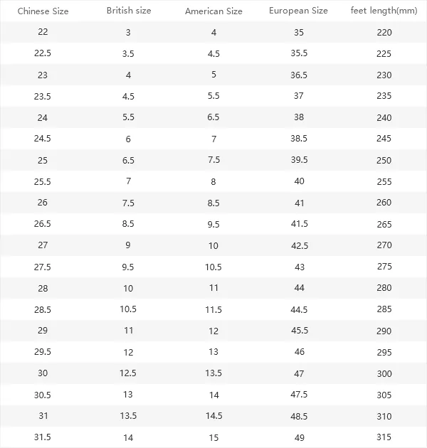 Lolobuy men's shoe size chart listing Chinese, British, American and European sizes against foot length in millimetres