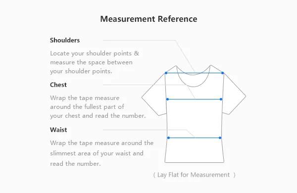 Lolobuy measurement reference diagram for tops showing where to measure the shoulders, chest and waist