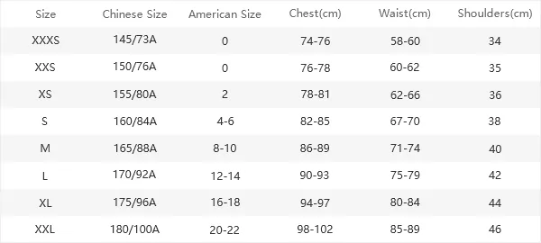 Lolobuy reference size chart for women's tops with Chinese sizes such as 160/84A next to American sizes and chest, waist and shoulder figures