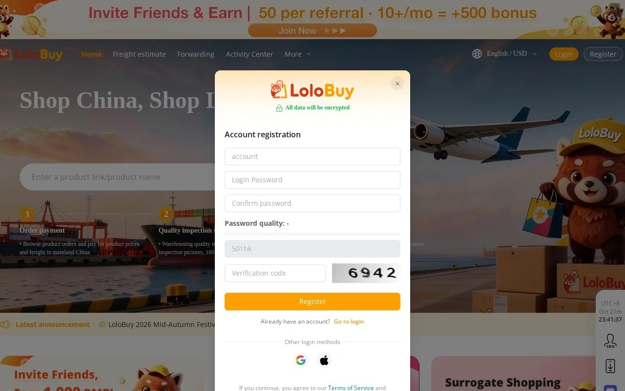 Lolobuy home page with the account registration pop-up open, showing email, password and invite code fields and Google and Apple buttons