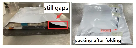 Lolobuy packaging example showing a parcel with gaps in the packing and the same parcel packed tighter after folding