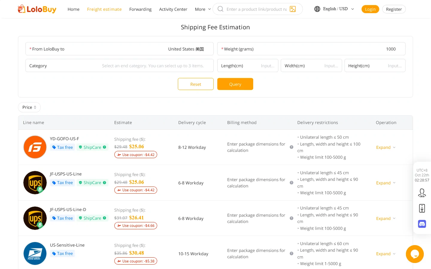 Lolobuy estimator results for 1,000 g to the United States with coupon deductions on each line