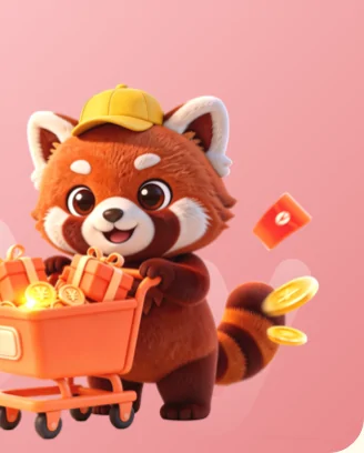 Lolobuy red panda mascot pushing a trolley of parcels