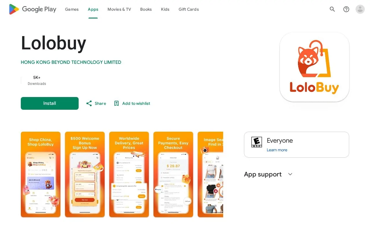 Google Play listing for the Lolobuy app with the developer shown as HONG KONG BEYOND TECHNOLOGY LIMITED