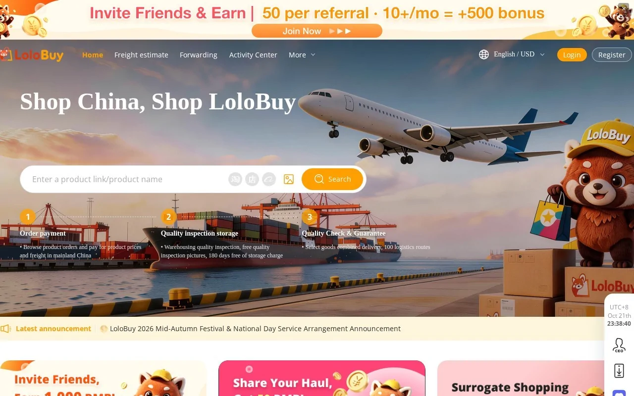 Lolobuy home page with the headline Shop China, Shop LoloBuy over a port scene, a search bar for product links and a strip of three steps