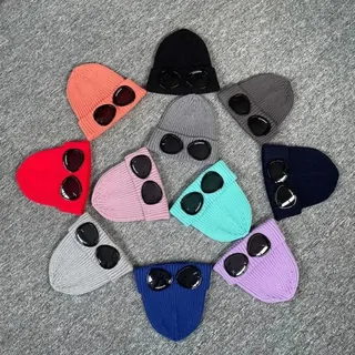Knit beanie with built-in goggle lenses