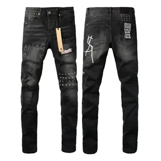 Black ripped jeans with painted and studded details