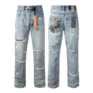 Light-wash distressed jeans with a patch on the back pocket
