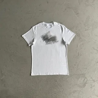 White T-shirt with a grey brushed graphic and small text