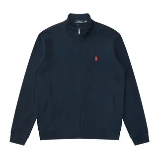 Navy full-zip knit jacket with a small chest emblem