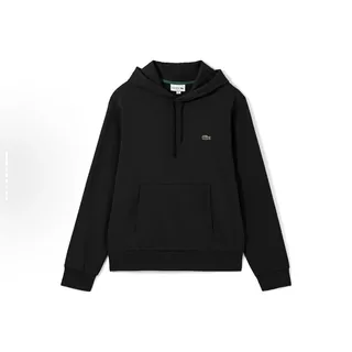 Plain black pull-on hoodie with a tiny stitched chest emblem