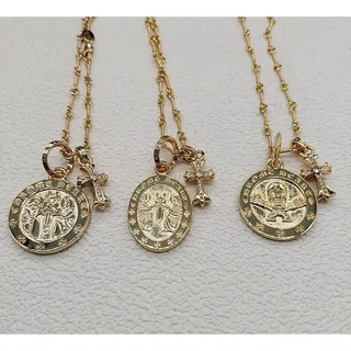 Gold-tone saint medal necklace with cross charms
