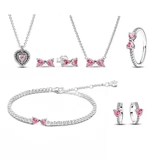 Pink crystal bow jewellery set: necklaces, earrings, ring, bracelet