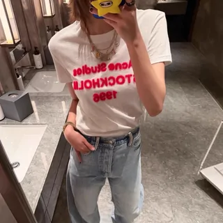 Slim tee with flocked red lettering, black or white