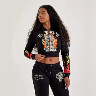 Cropped zip hoodie with a tiger print, black
