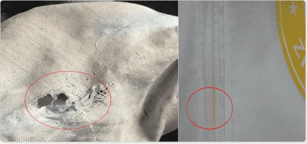 Two close-up inspection photos with red circles around a torn patch and a small stain on pale fabric