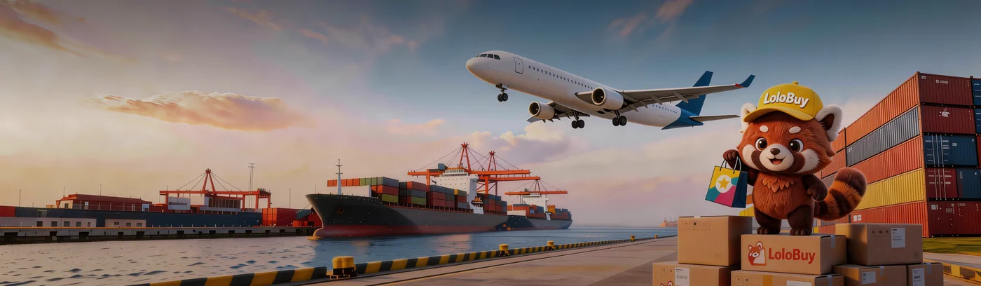 Lolobuy banner with a cargo plane over a container port and the red panda mascot beside parcels
